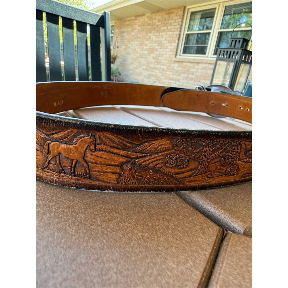 Tooled Leather Western Horse Belt Size 34 Brown Silver - Picture 3 of 7